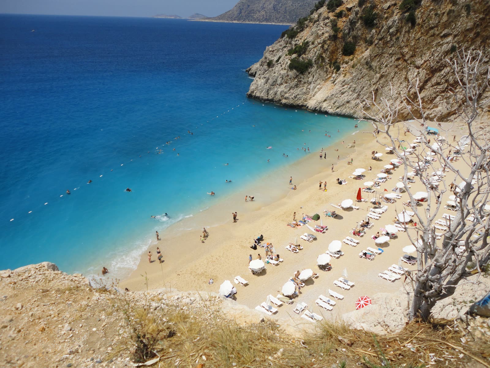 White sand cove and deep blue water viewed from a cliff road