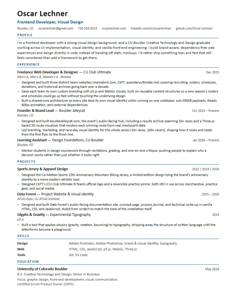 Frontend Developer, Visual Design resume preview