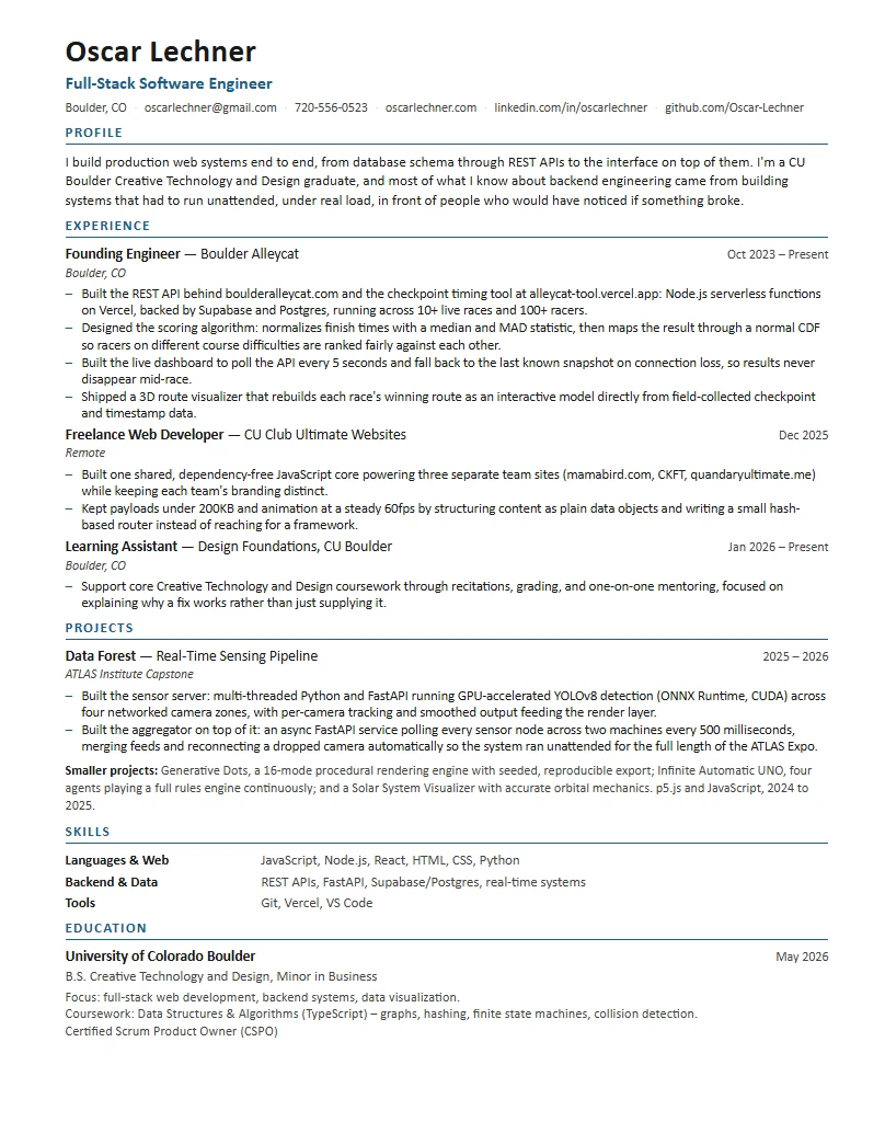 Full-Stack Software Engineer resume preview