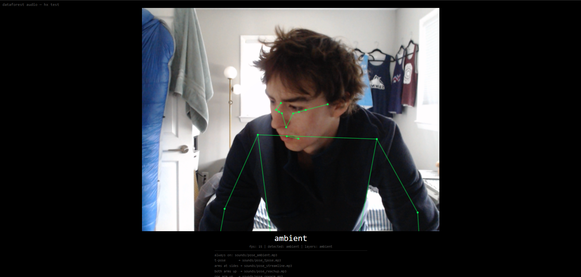 Forest Audio browser interface showing pose detection skeleton overlay and active audio layers